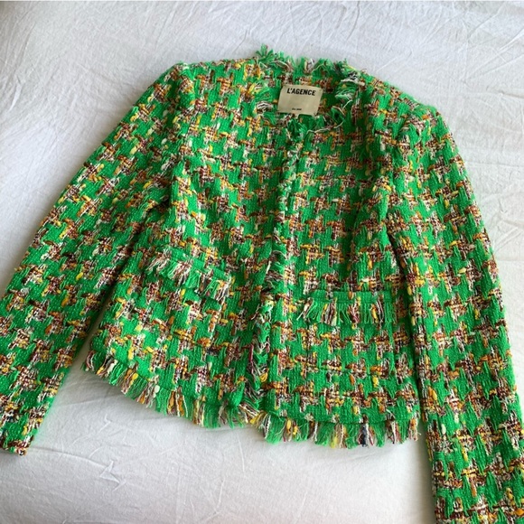 L’agence Angelina Tweed Open Front Pocket Blazer Suit Jacket Green Houndstooth - Picture 2 of 8